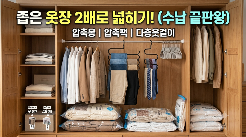 3가지 옷장수납 치트키로 공간 확대 (압축봉·압축팩·다층옷걸이) 1 옷장수납